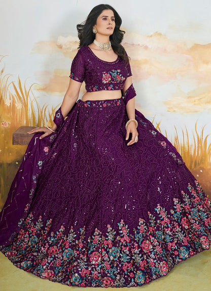 Floral Printed Chinon Purple Lehenga - L3300