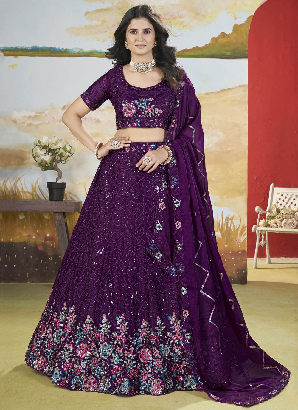 Floral Printed Chinon Purple Lehenga - L3300