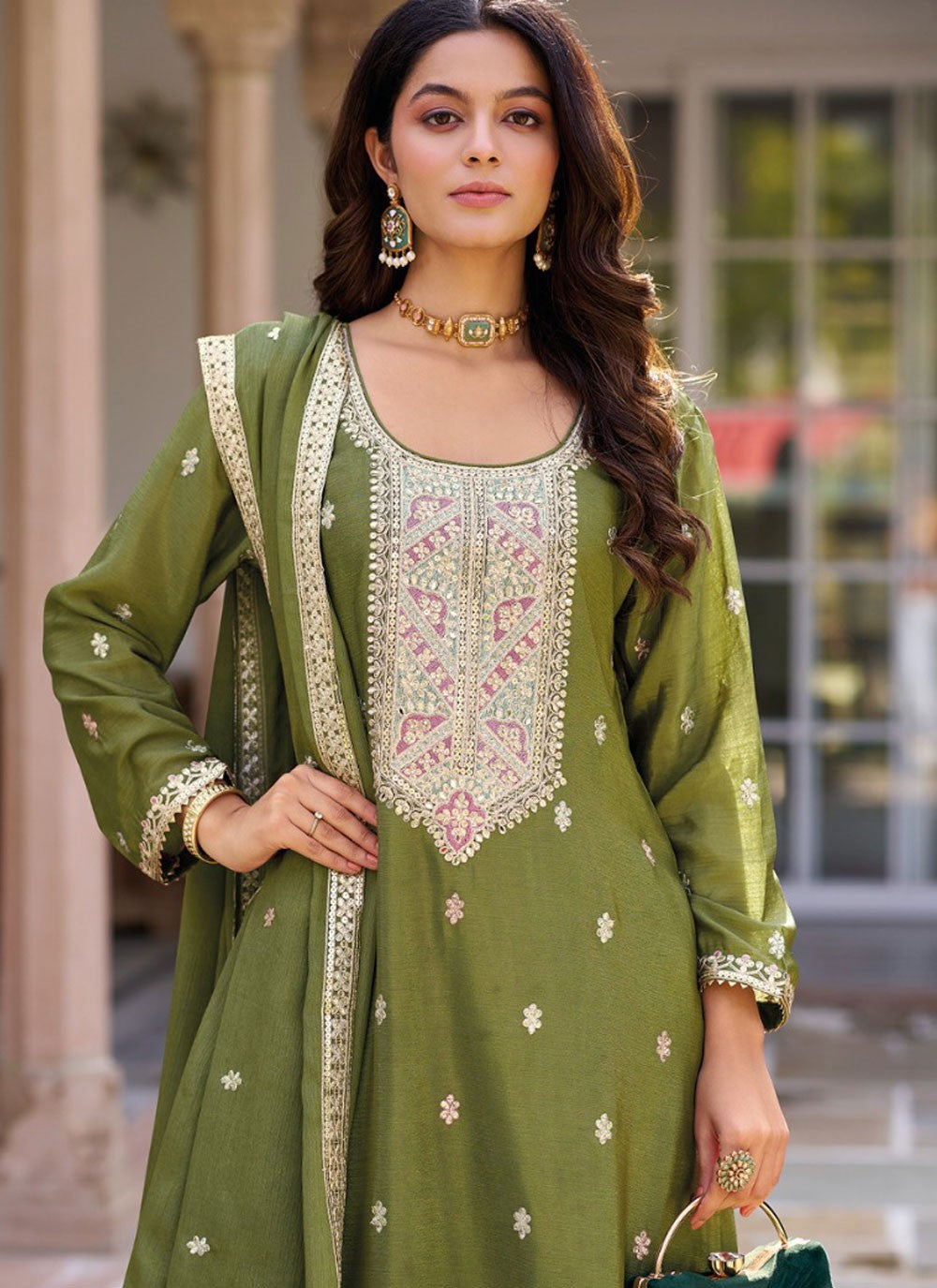 Salwar Suit Embroidered Green Chinon T5899