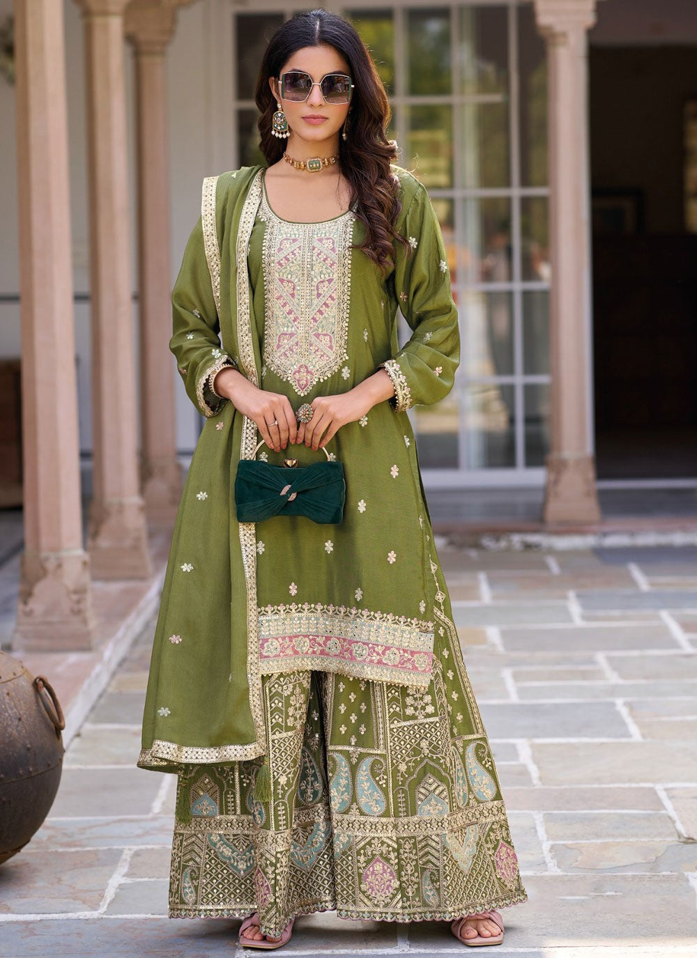 Salwar Suit Embroidered Green Chinon T5899