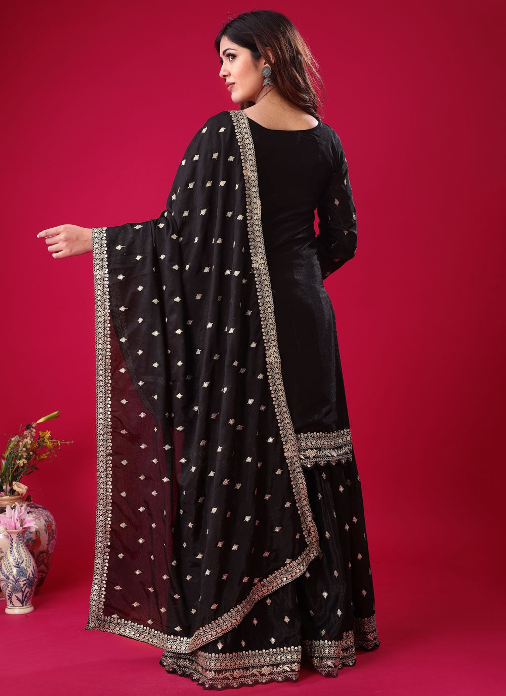 Sharara Suit Embroidered, Sequins, Zari Black T6657