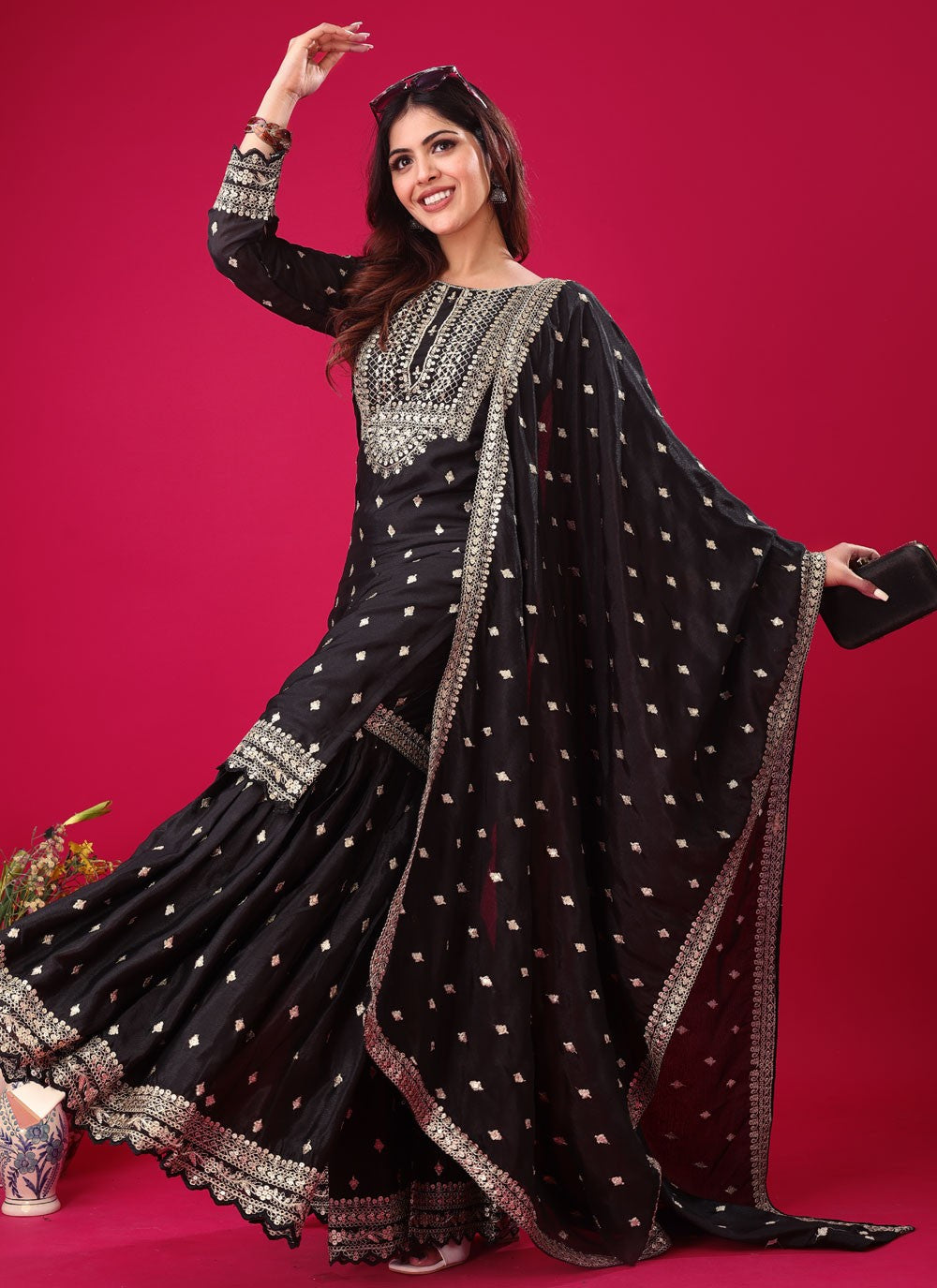 Sharara Suit Embroidered, Sequins, Zari Black T6657