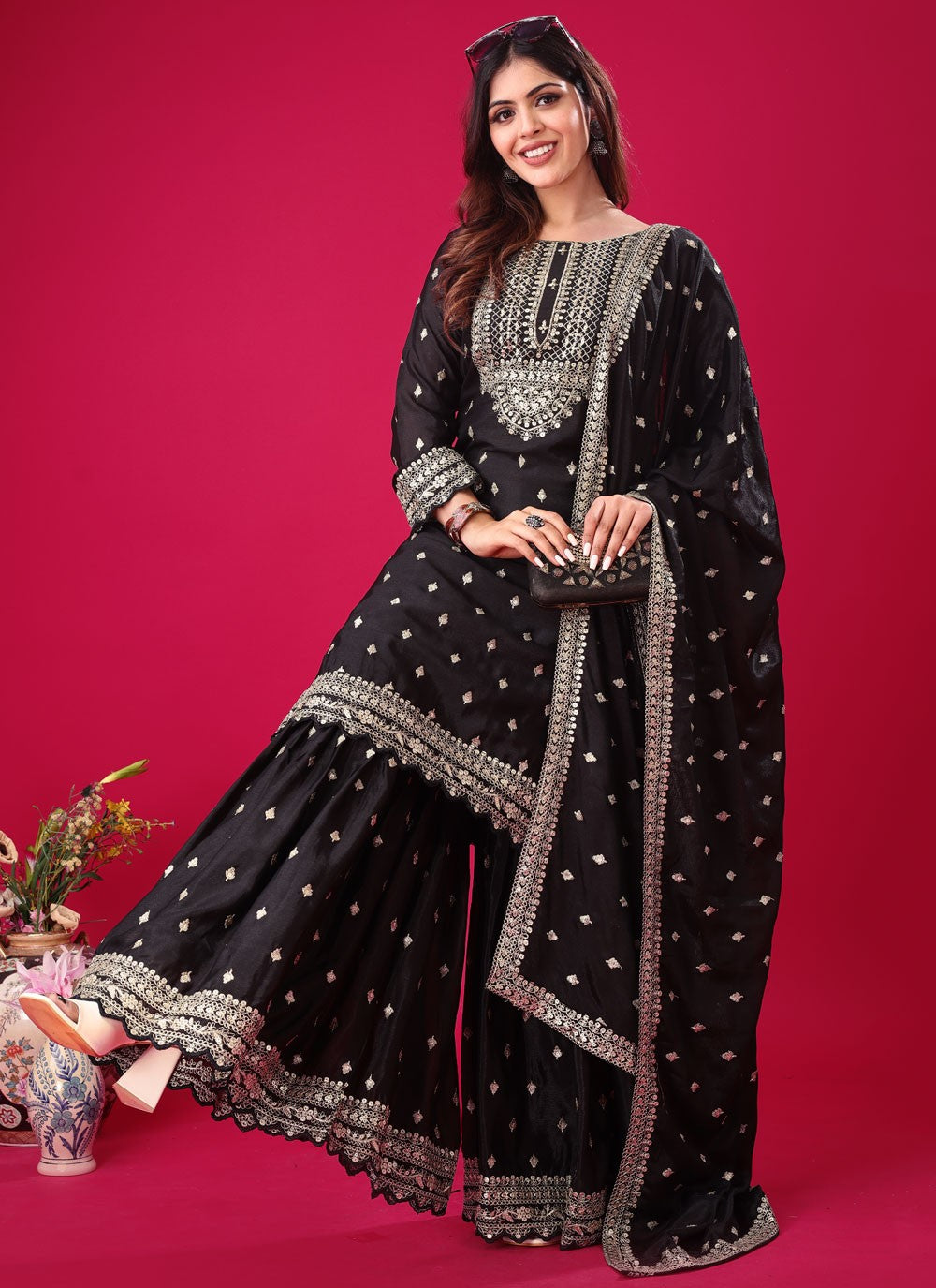 Sharara Suit Embroidered, Sequins, Zari Black T6657