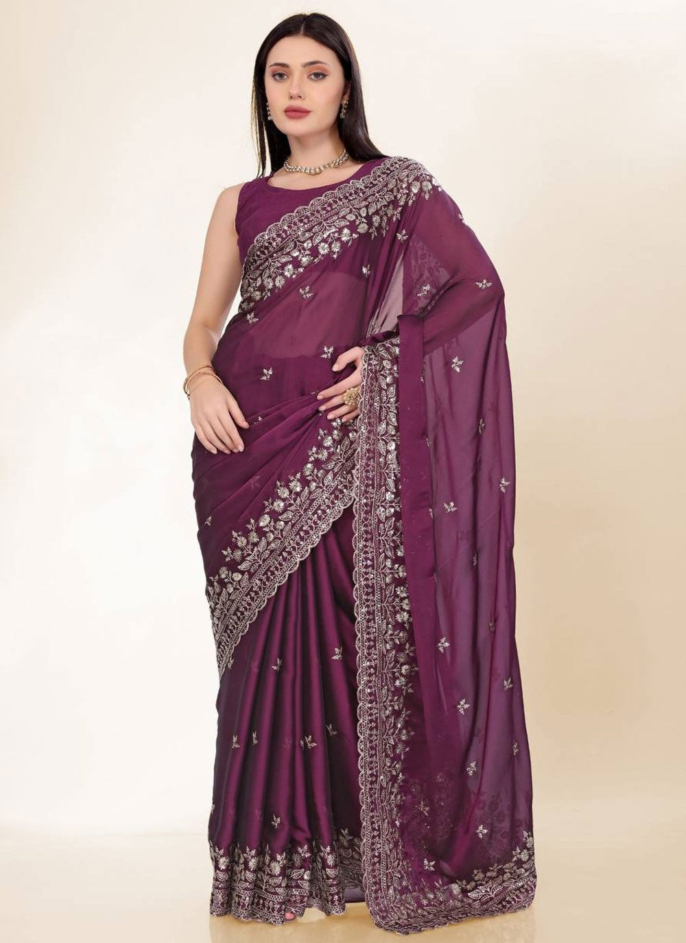 Traditional Embroidered Wine Chinon Saree S13674