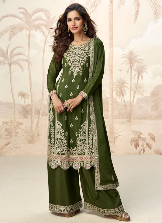 Palazzo Suit Embroidered, Sequins, Zari Green T7932