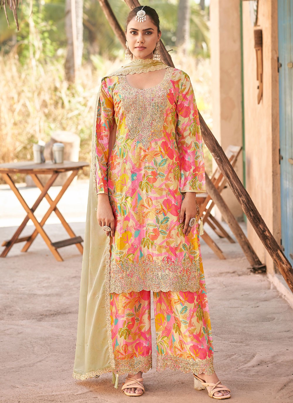 Salwar Suit Embroidered Cream Chinon T5783