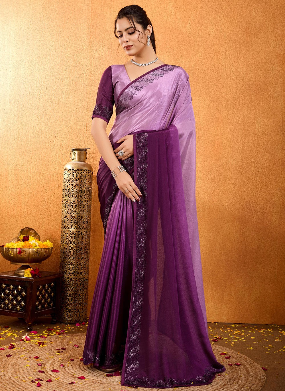 Diamond Chinon Purple Saree S14532
