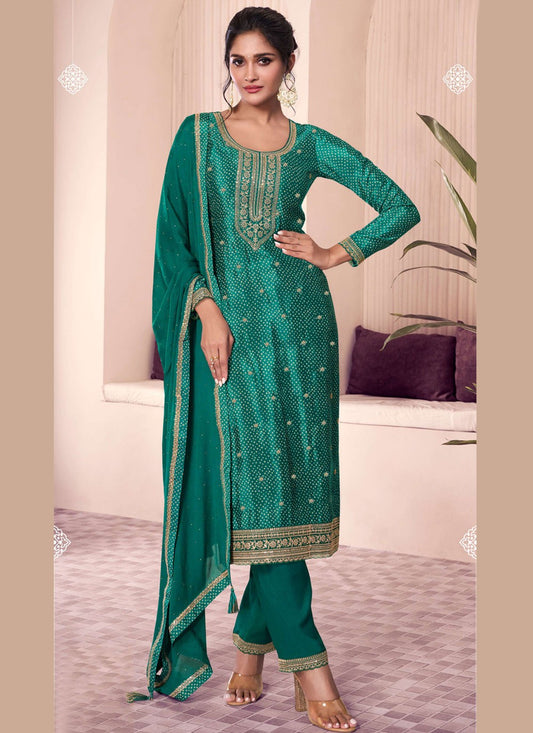Salwar Suit Digital Print Teal Chinon T5515