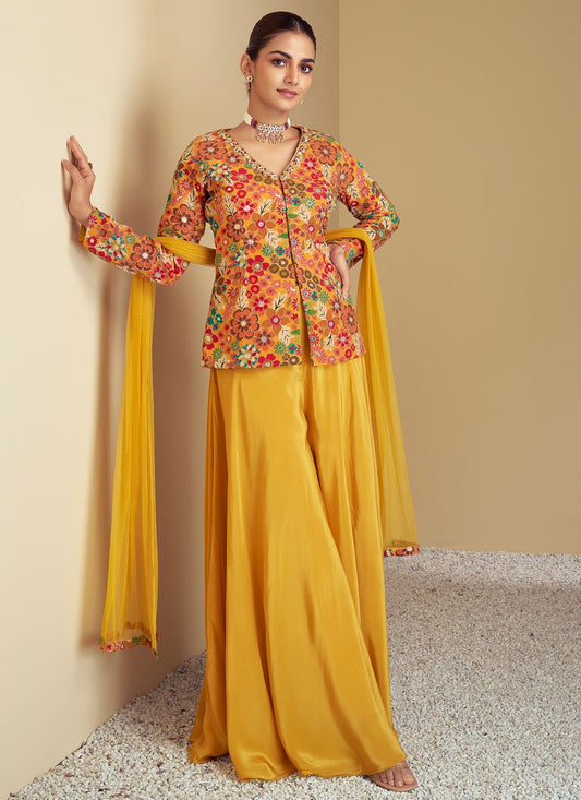 Salwar Suit Embroidered Yellow Chinon T5530