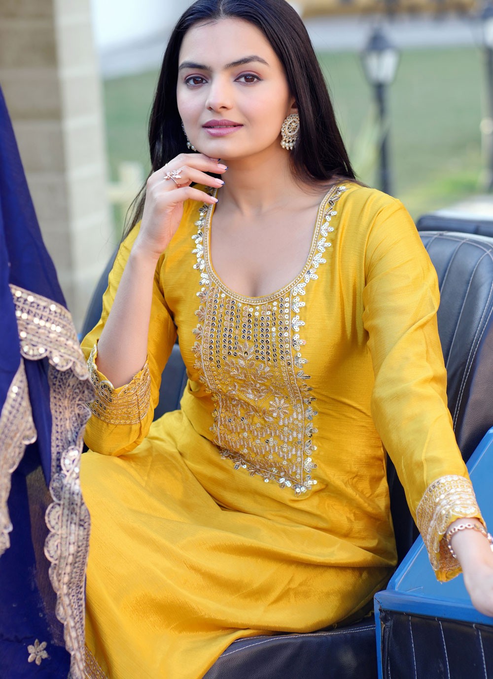 Sequins Chinon Yellow Salwar Suit T5977