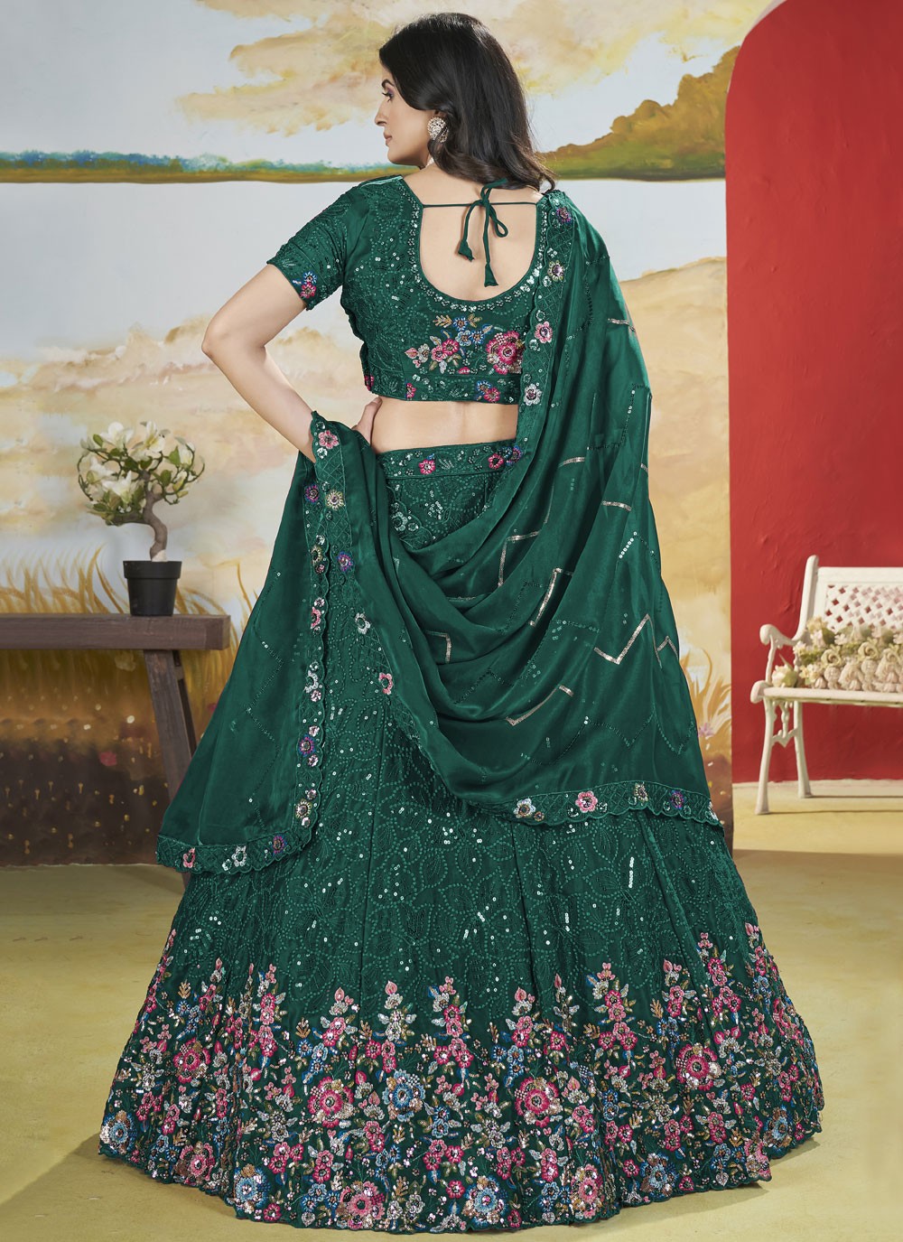 Floral Printed Chinon Green Lehenga - L3297