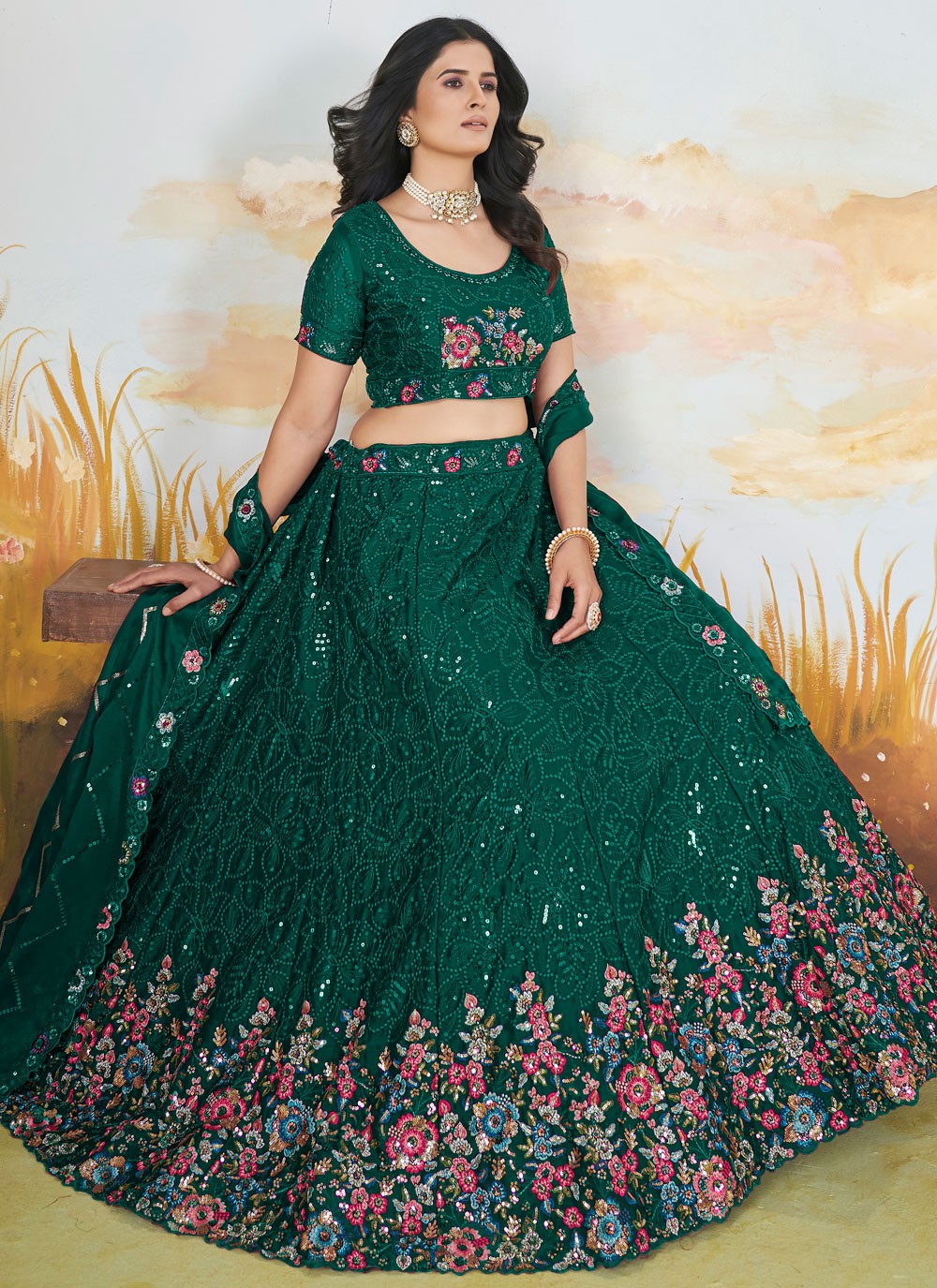 Floral Printed Chinon Green Lehenga - L3297