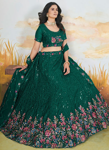 Floral Printed Chinon Green Lehenga - L3297