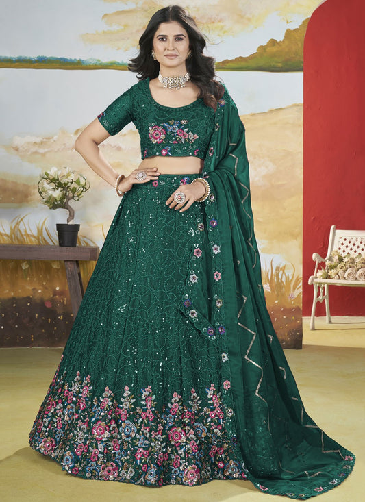 Floral Printed Chinon Green Lehenga - L3297