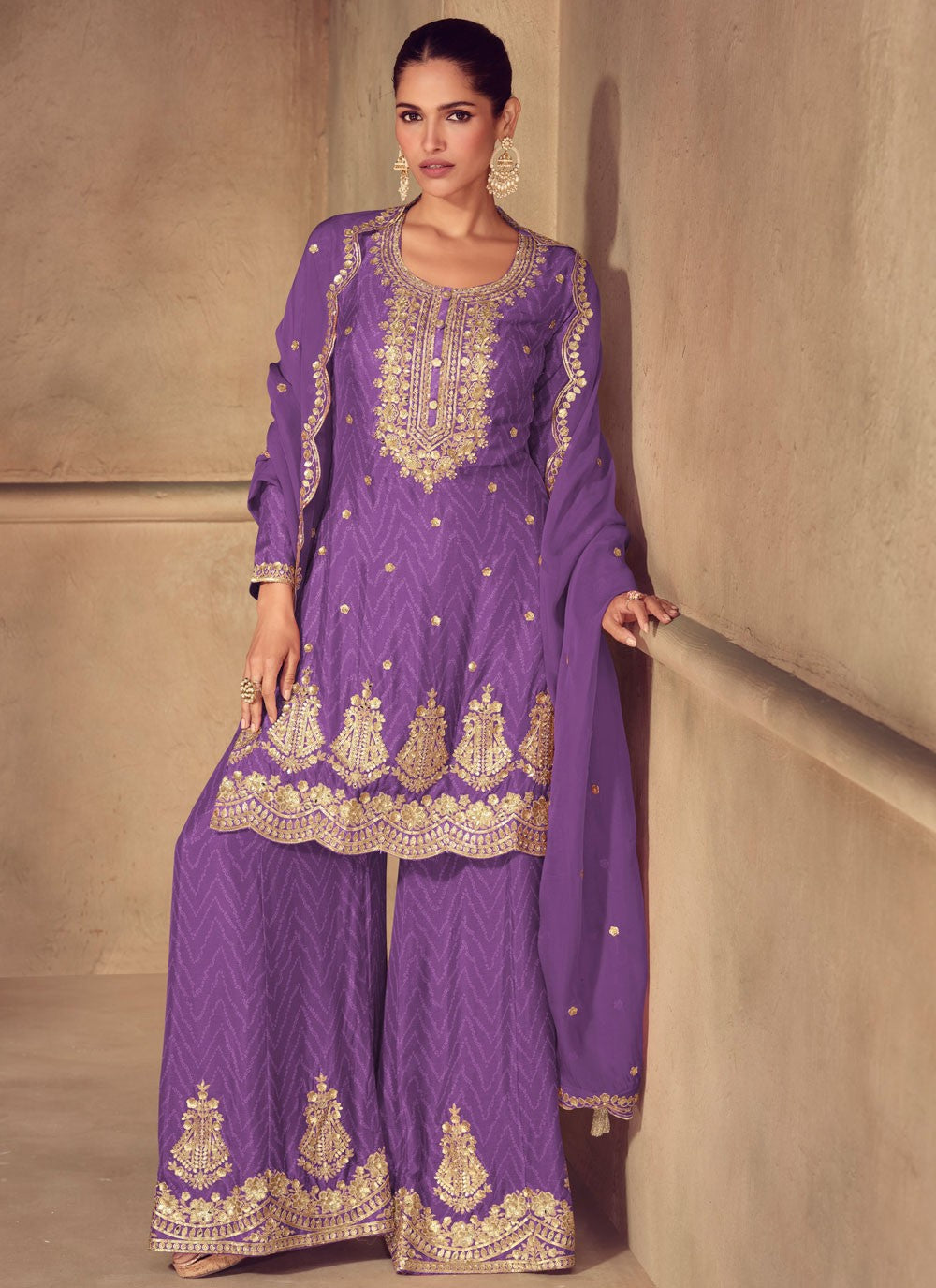 Palazzo Suit Embroidered, Printed, Sequins, Zari Violet T7788