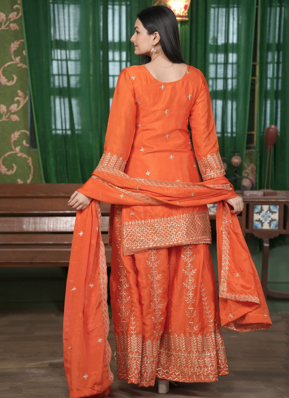 Embroidered Chinon Orange Palazzo Suit T6155