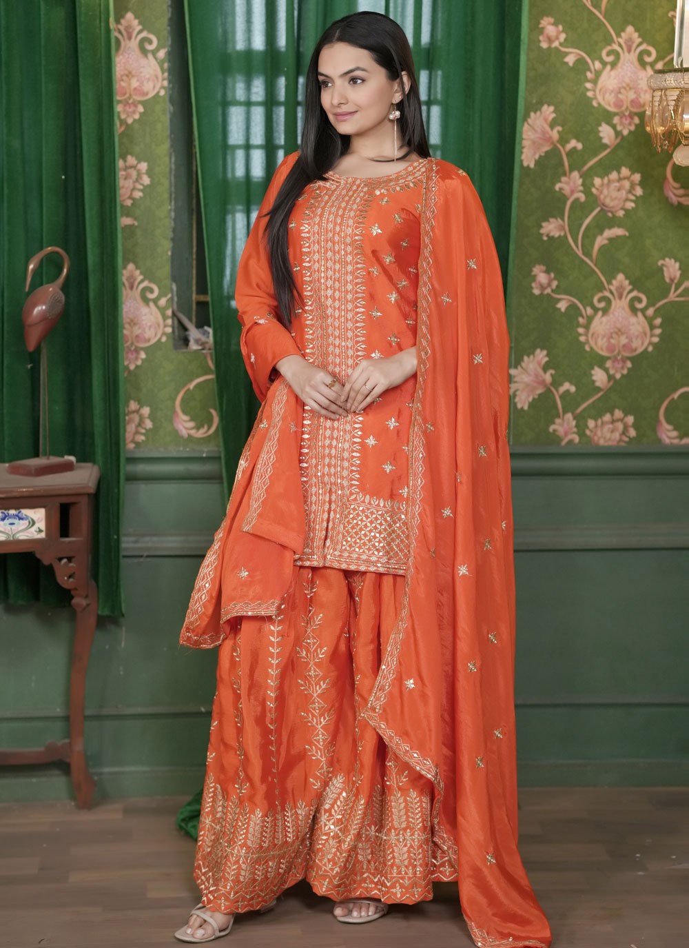 Embroidered Chinon Orange Palazzo Suit T6155