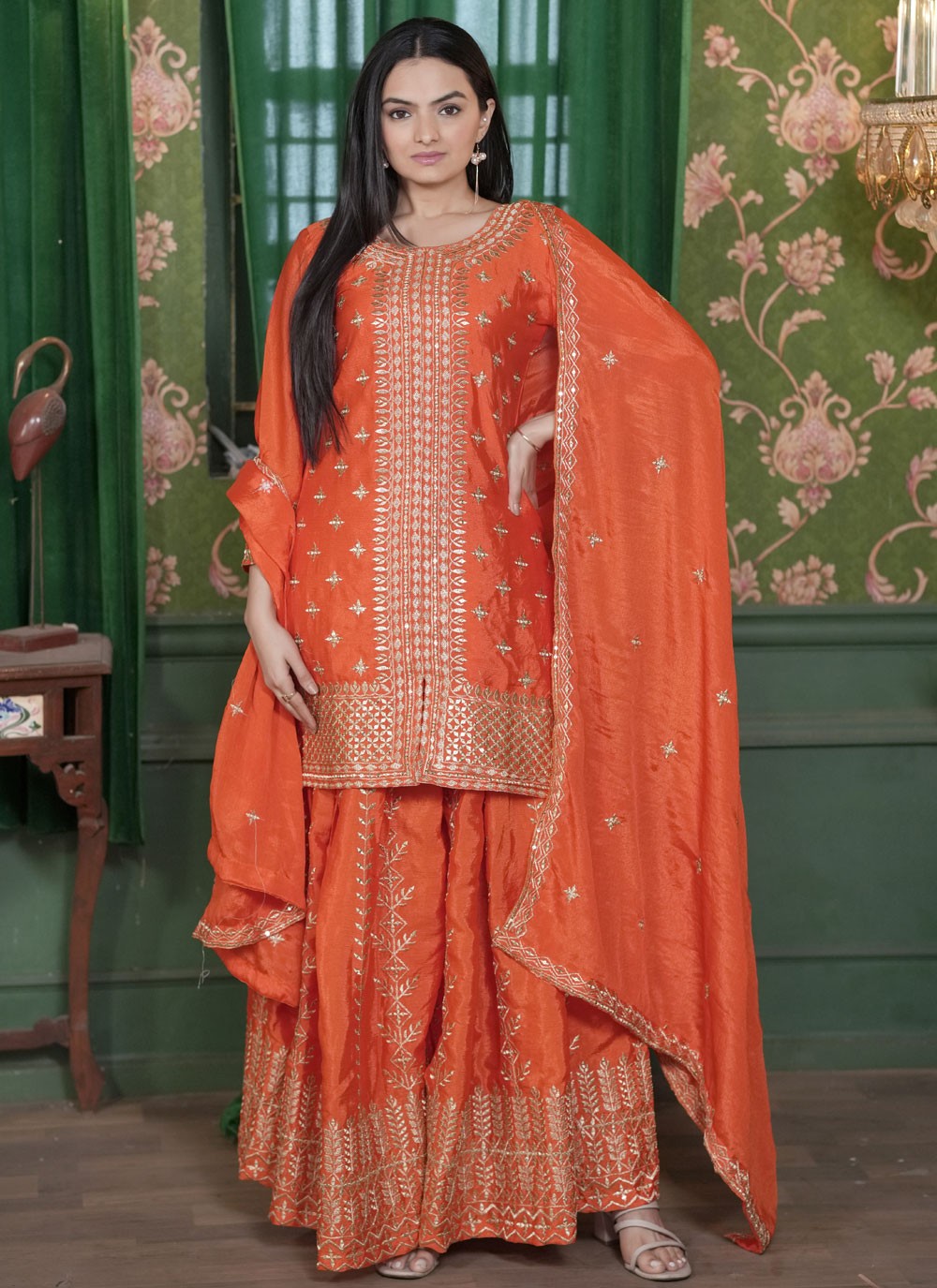 Embroidered Chinon Orange Palazzo Suit T6155
