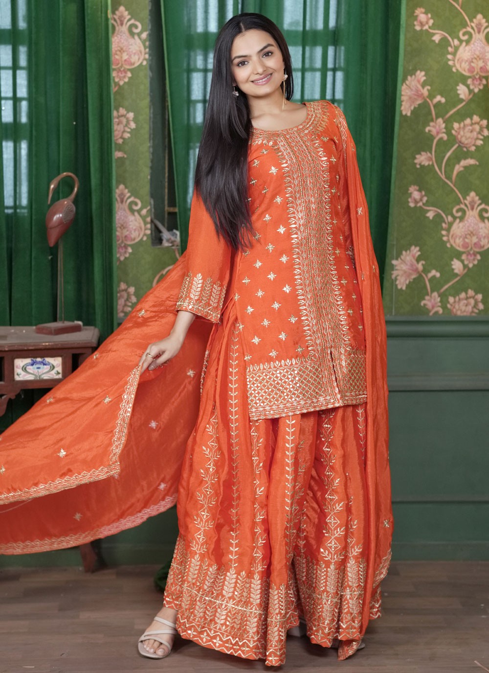 Embroidered Chinon Orange Palazzo Suit T6155