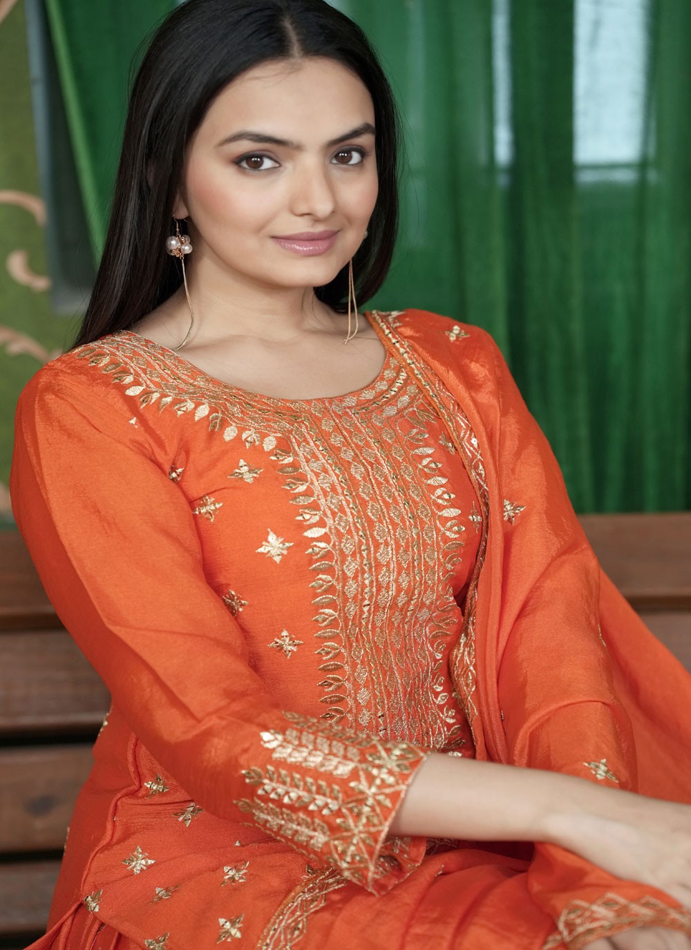 Embroidered Chinon Orange Palazzo Suit T6155