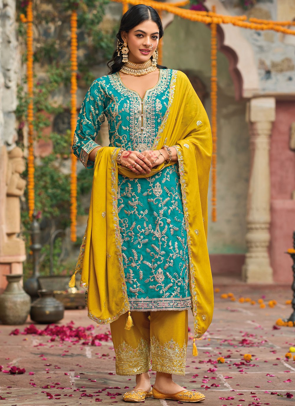 Salwar Suit Embroidered Rama Chinon T5396
