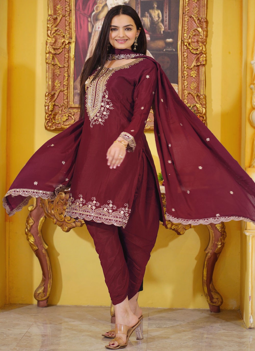 Embroidered Chinon Maroon Salwar Suit T6486