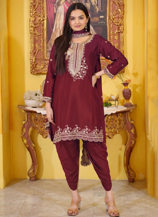 Embroidered Chinon Maroon Salwar Suit T6486