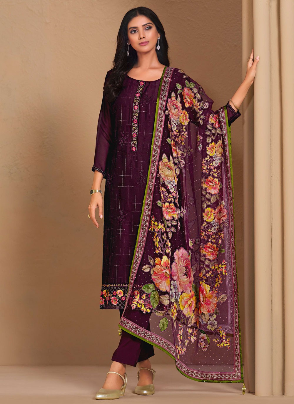 Pant Style Suit Embroidered Purple T7242
