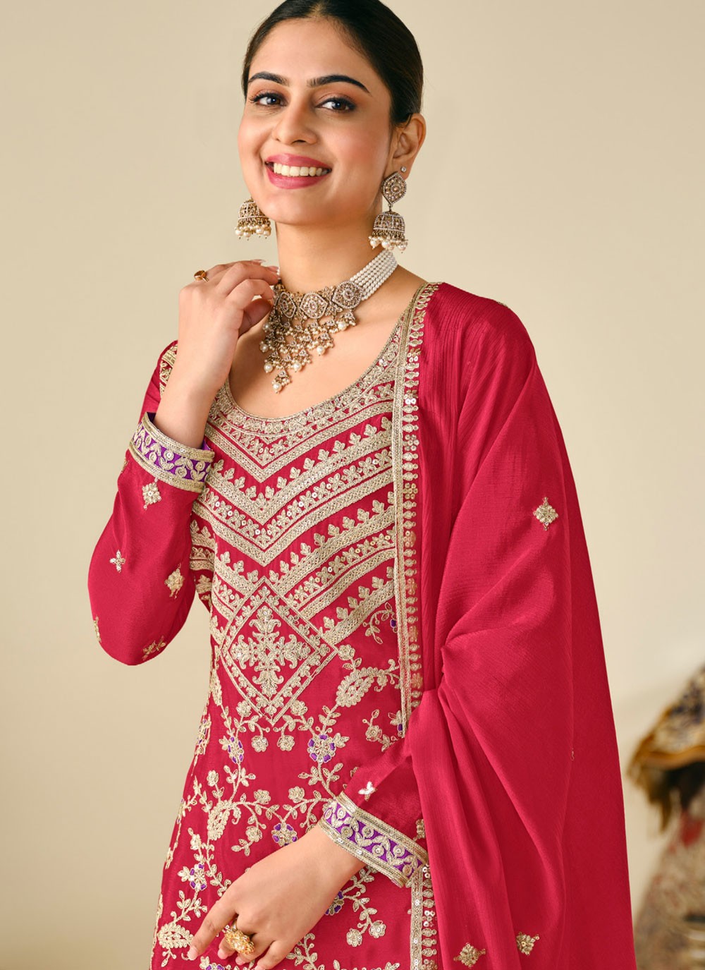Embroidered Chinon Hot Pink Palazzo Suit T6377