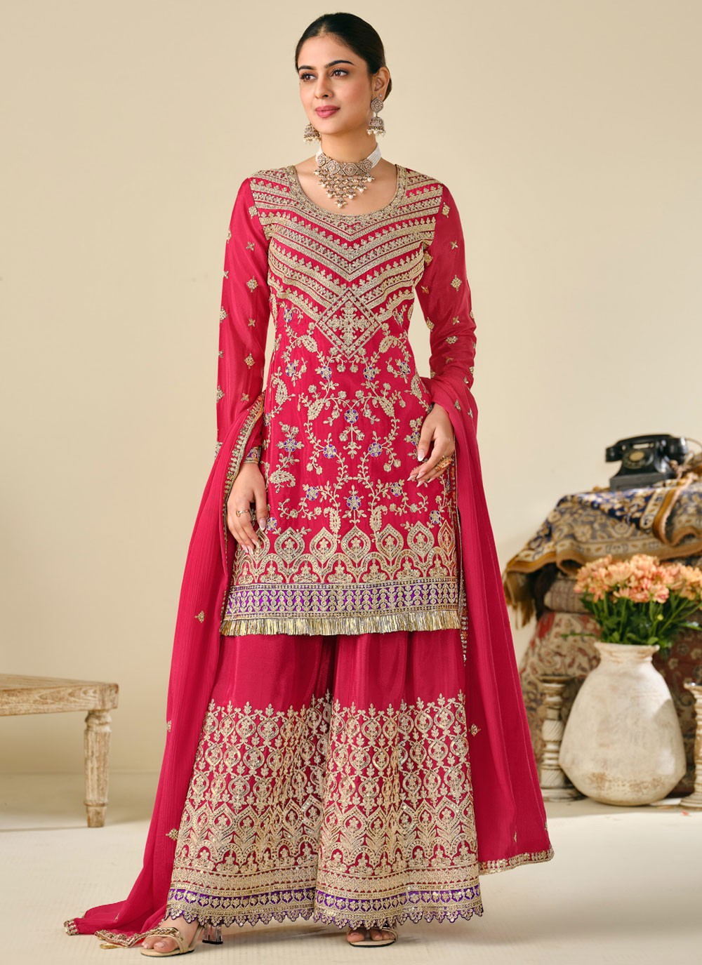 Embroidered Chinon Hot Pink Palazzo Suit T6377