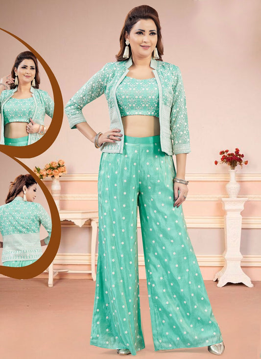 Salwar Suit Embroidered Turquoise Chinon T5798