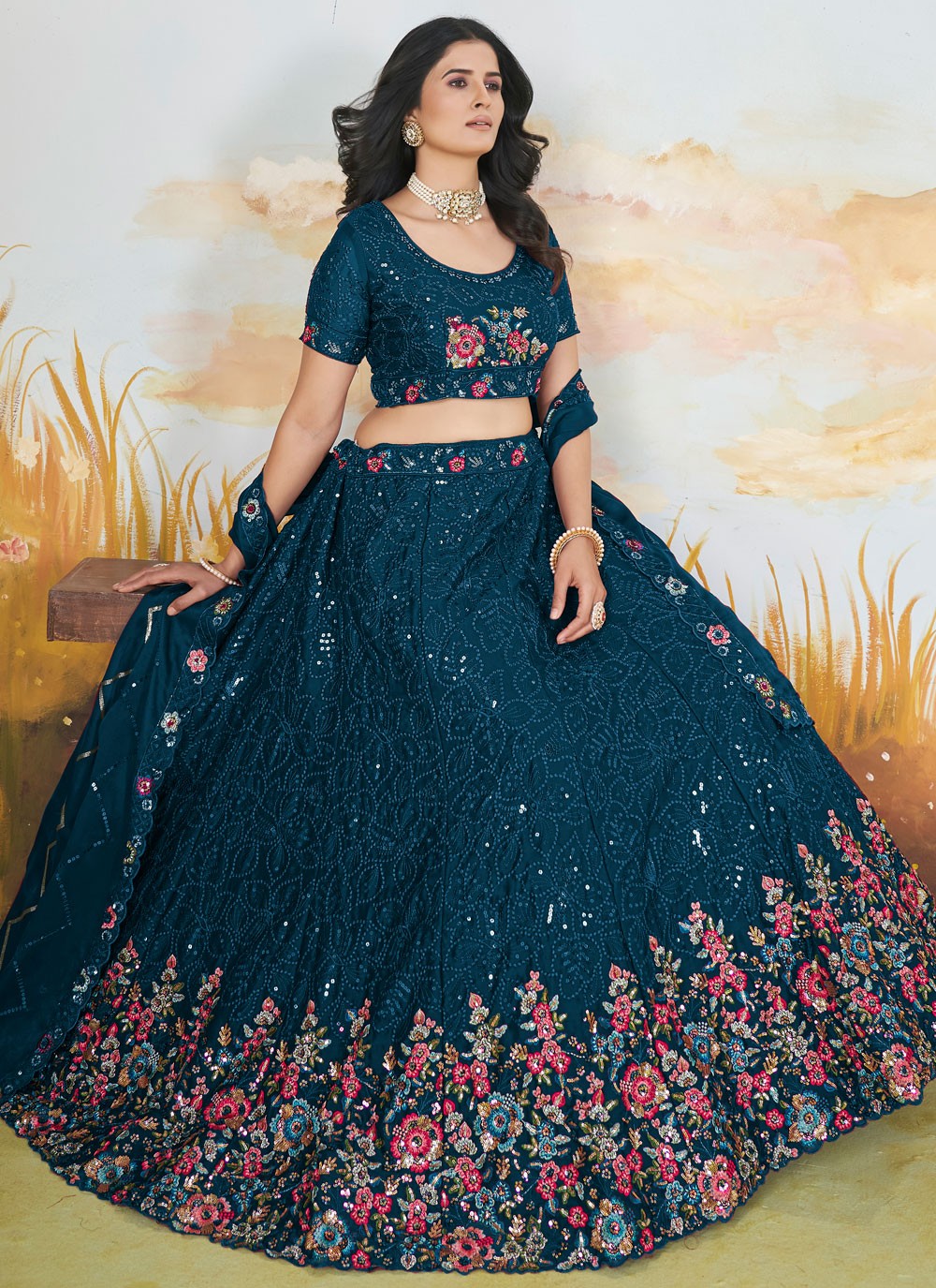 Floral Printed Chinon Turquoise Lehenga - L3298