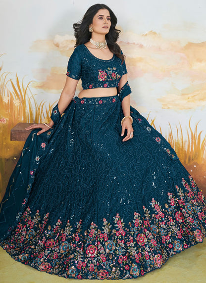 Floral Printed Chinon Turquoise Lehenga - L3298