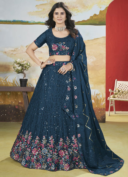 Floral Printed Chinon Turquoise Lehenga - L3298