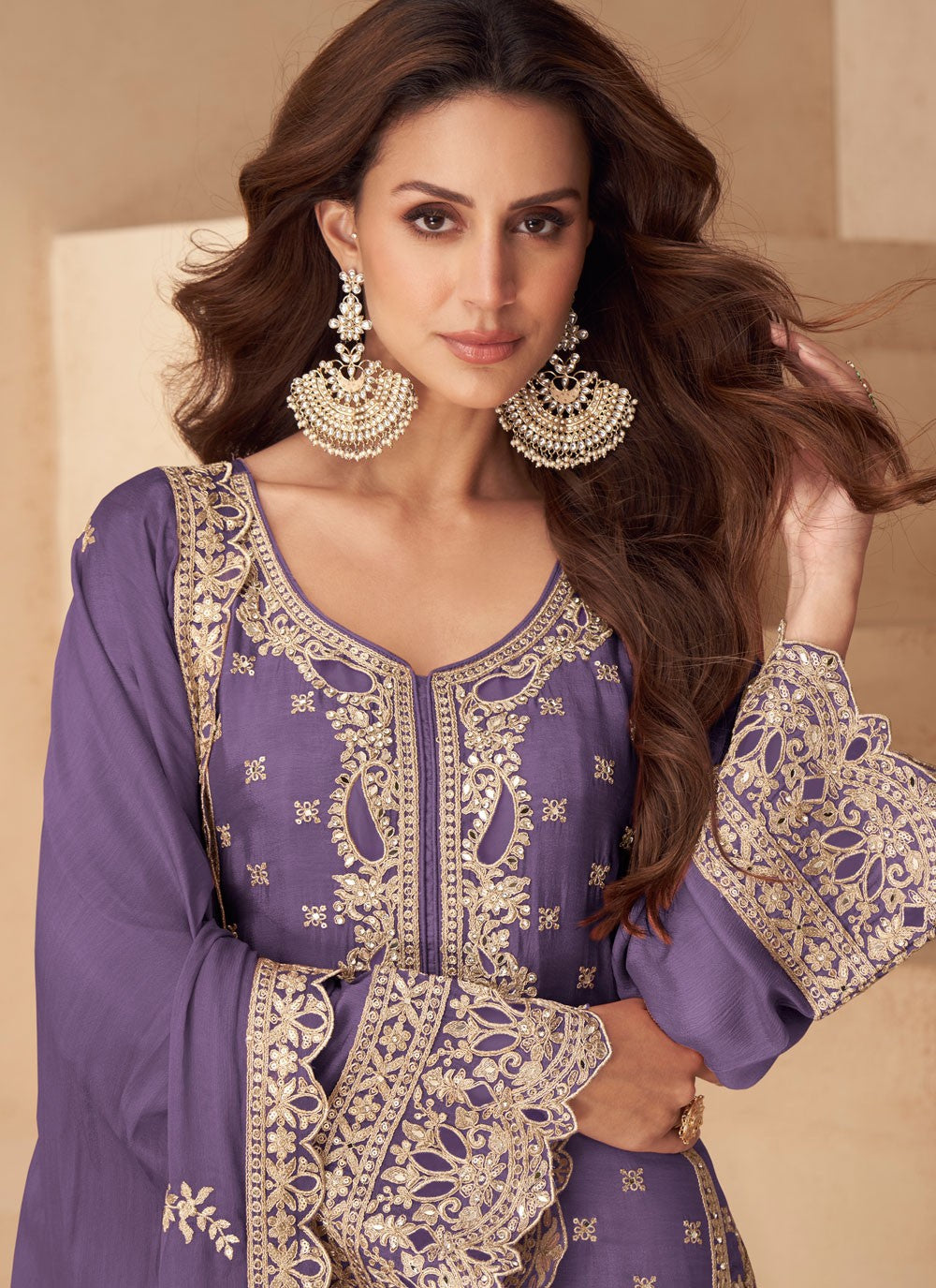 Palazzo Suit Embroidered, Mirror, Zari Violet T8278