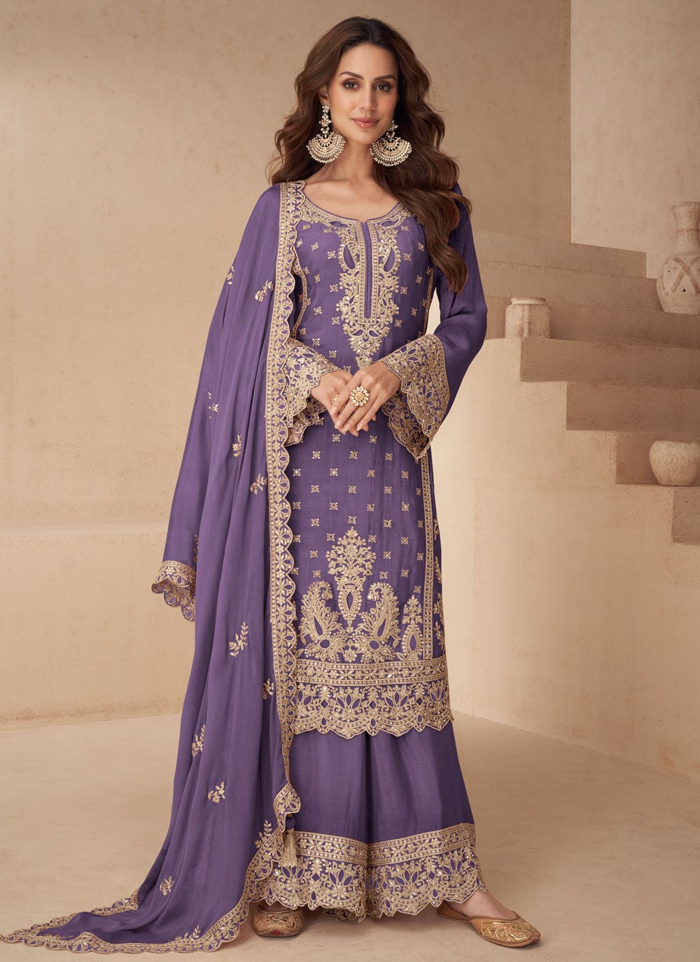 Palazzo Suit Embroidered, Mirror, Zari Violet T8278