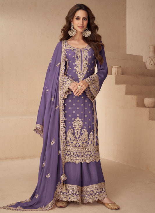 Palazzo Suit Embroidered, Mirror, Zari Violet T8278