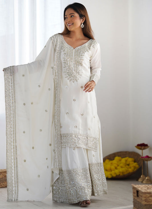 Embroidered Chinon White Salwar Suit T5954