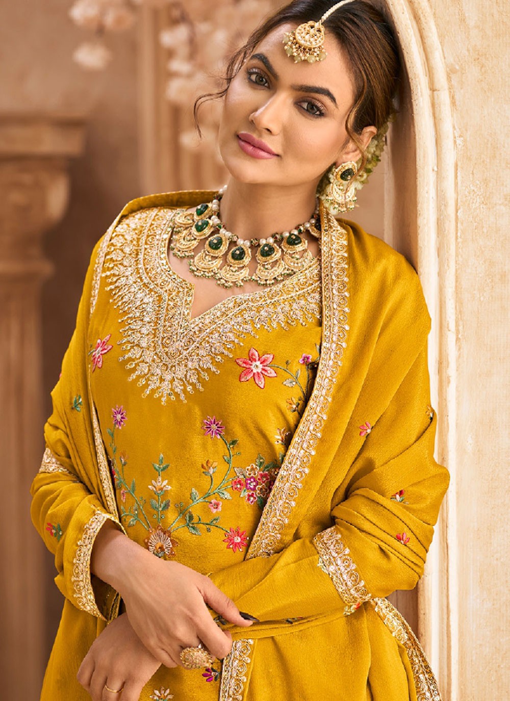 Salwar Suit Embroidered Yellow Chinon T5492