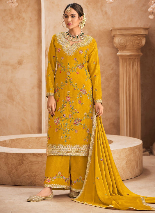 Salwar Suit Embroidered Yellow Chinon T5492