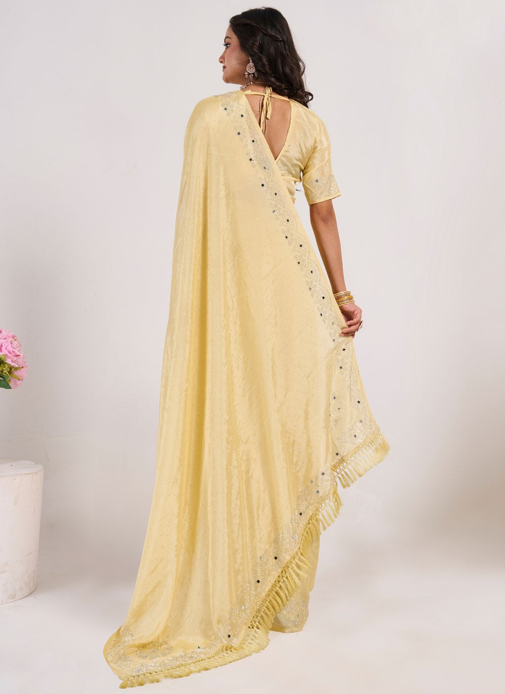 Contemporary Mirror Yellow Chinon Saree S13058