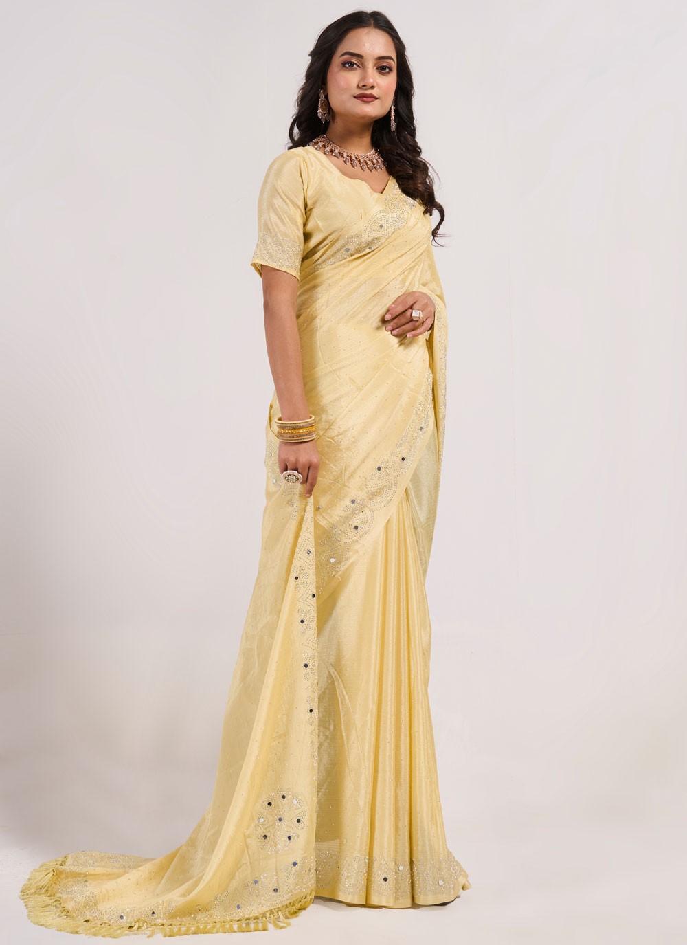 Contemporary Mirror Yellow Chinon Saree S13058