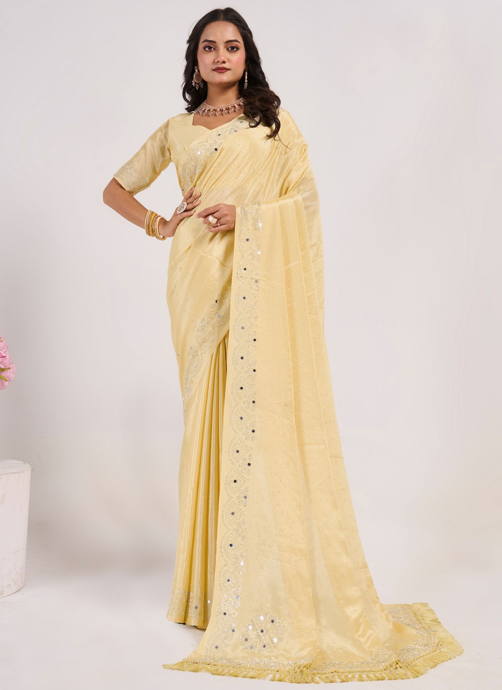 Contemporary Mirror Yellow Chinon Saree S13058