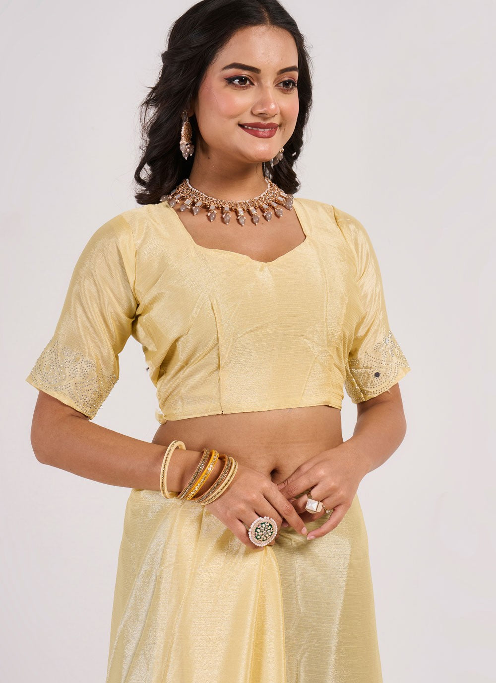 Contemporary Mirror Yellow Chinon Saree S13058