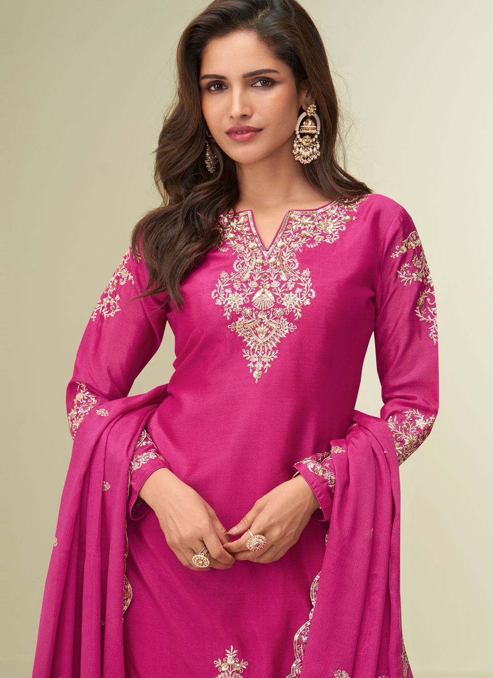 Palazzo Suit Embroidered, Zari Fuchsia T8265