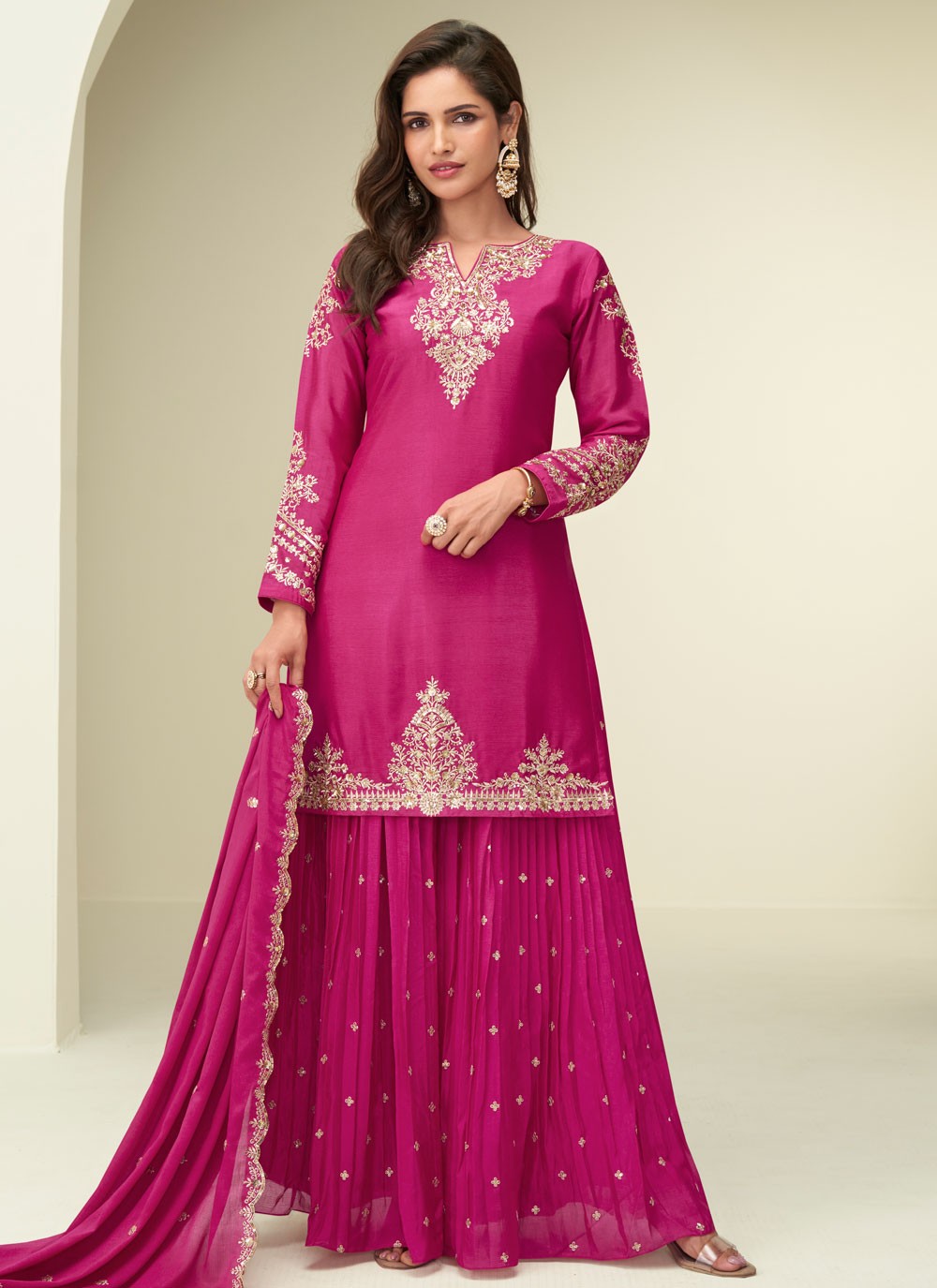Palazzo Suit Embroidered, Zari Fuchsia T8265