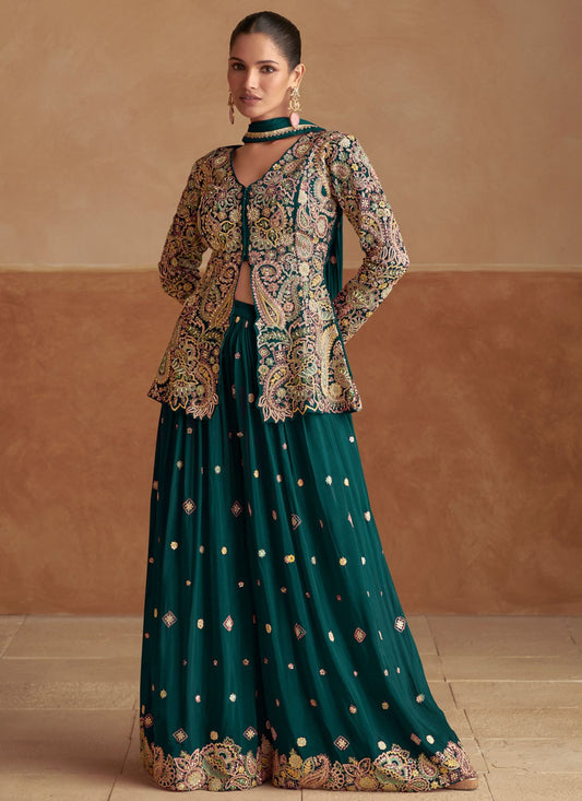 Palazzo Suit Beads, Embroidered, Fancy Work, Zari Green T8276