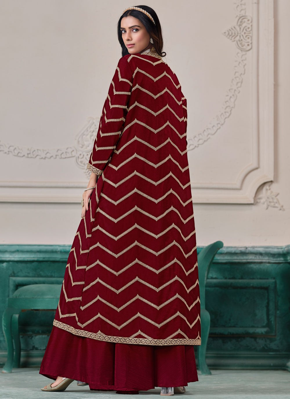 Palazzo Suit Embroidered, Zari Hot Pink T7553