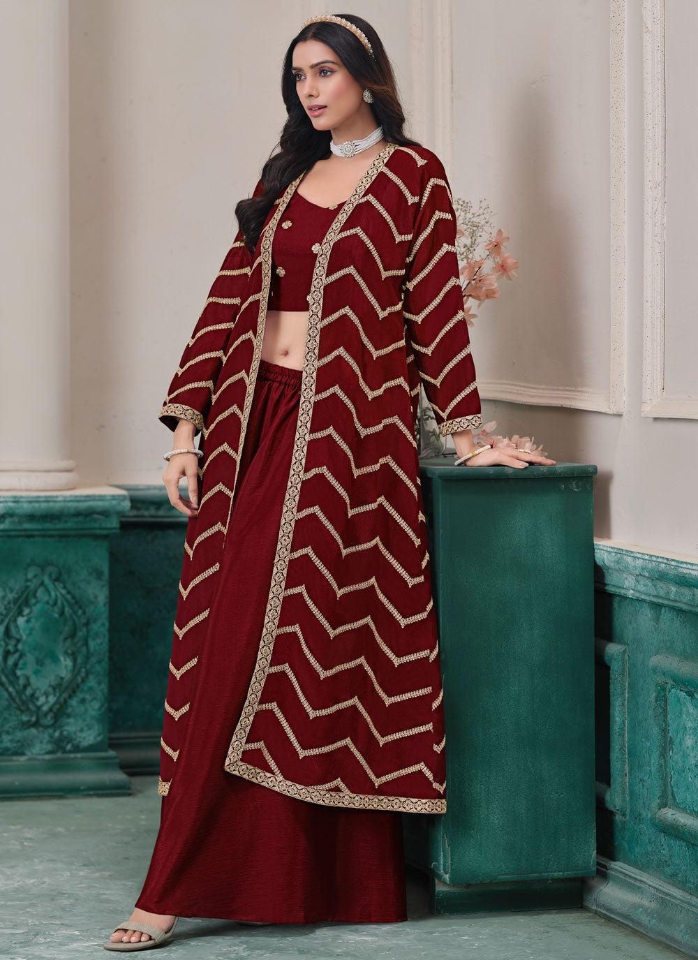 Palazzo Suit Embroidered, Zari Hot Pink T7553