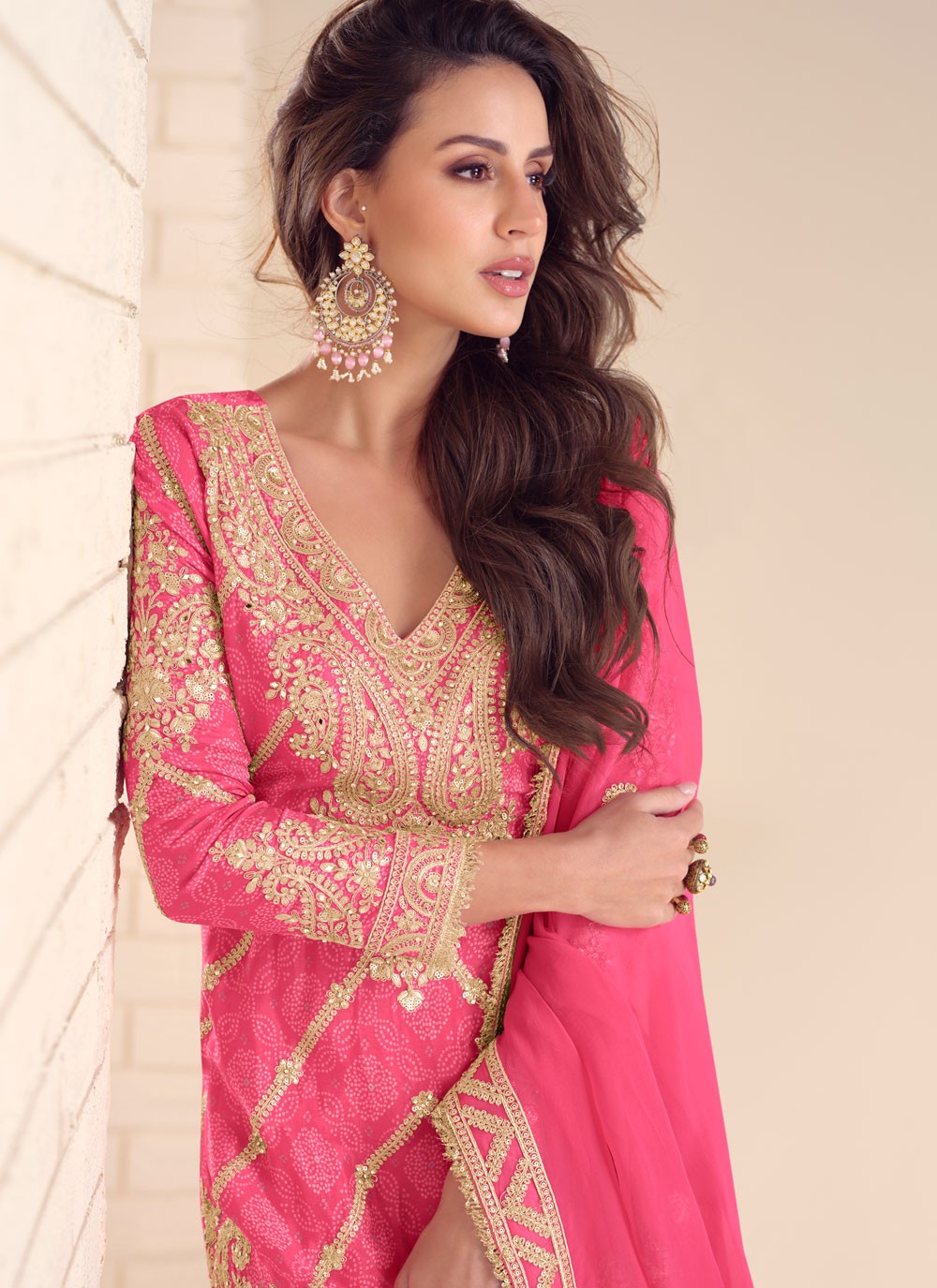 Palazzo Suit Digital Print, Embroidered, Sequins, Zari Pink T8133